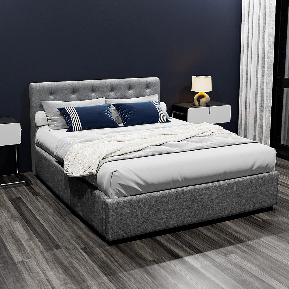 Artiss Vila Bed Frame Fabric Gas Lift Storage - Grey Double