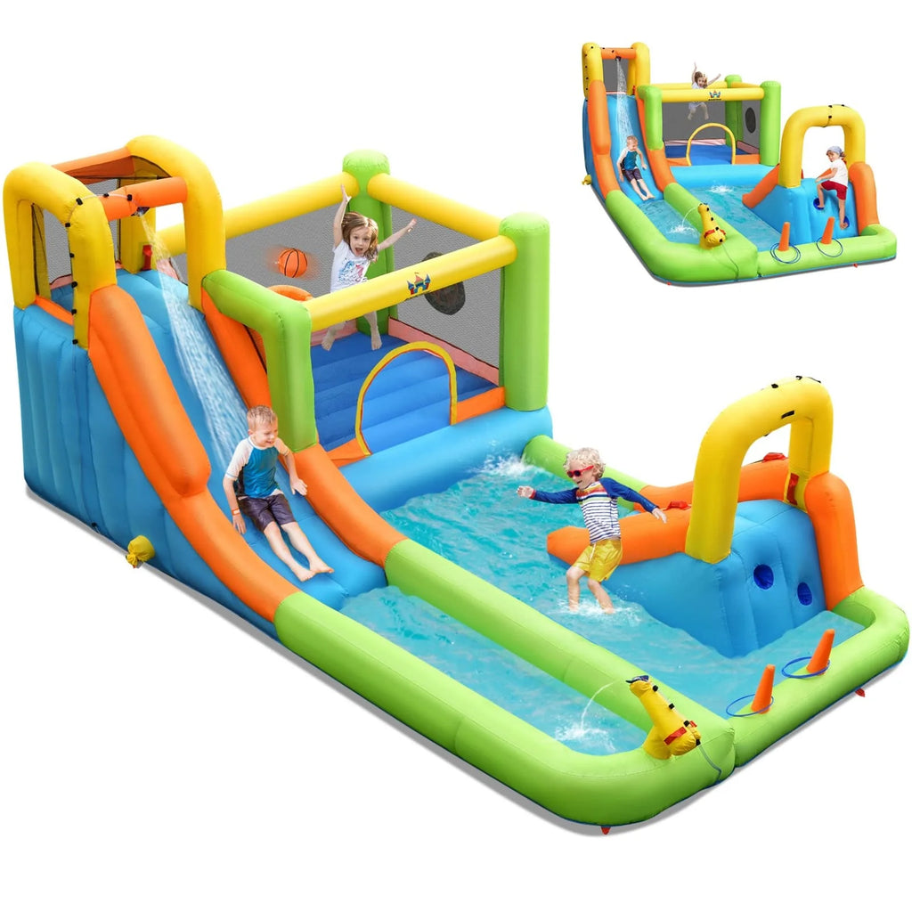 8-in-1 Giant Water Park Bounce House Inflatable Water Slide with Trampoline, Climbing Wall, Splash Pool, Water Gun & Sprinker