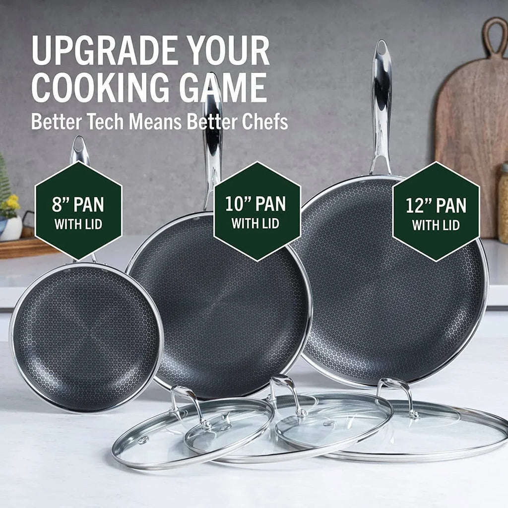 HexClad 6 Piece Hybrid Stainless Steel Cookware Pan Set 8 inch, 10 inch, 12 inch with Glass Lids, Size: One size, Black