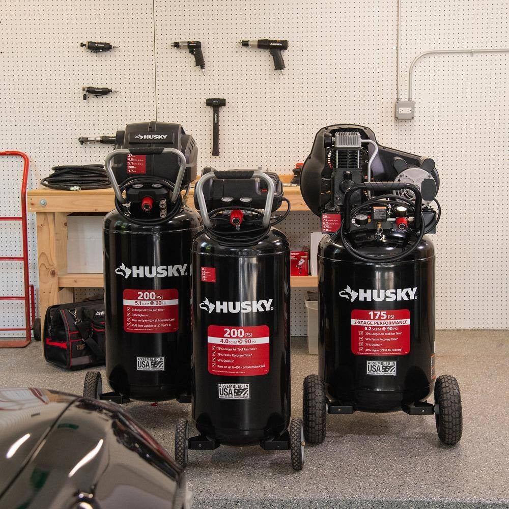 Husky 30-gallon compressor, 175 PSI, oil-lubricated belt drive, portable vertical electric air compressor C304H