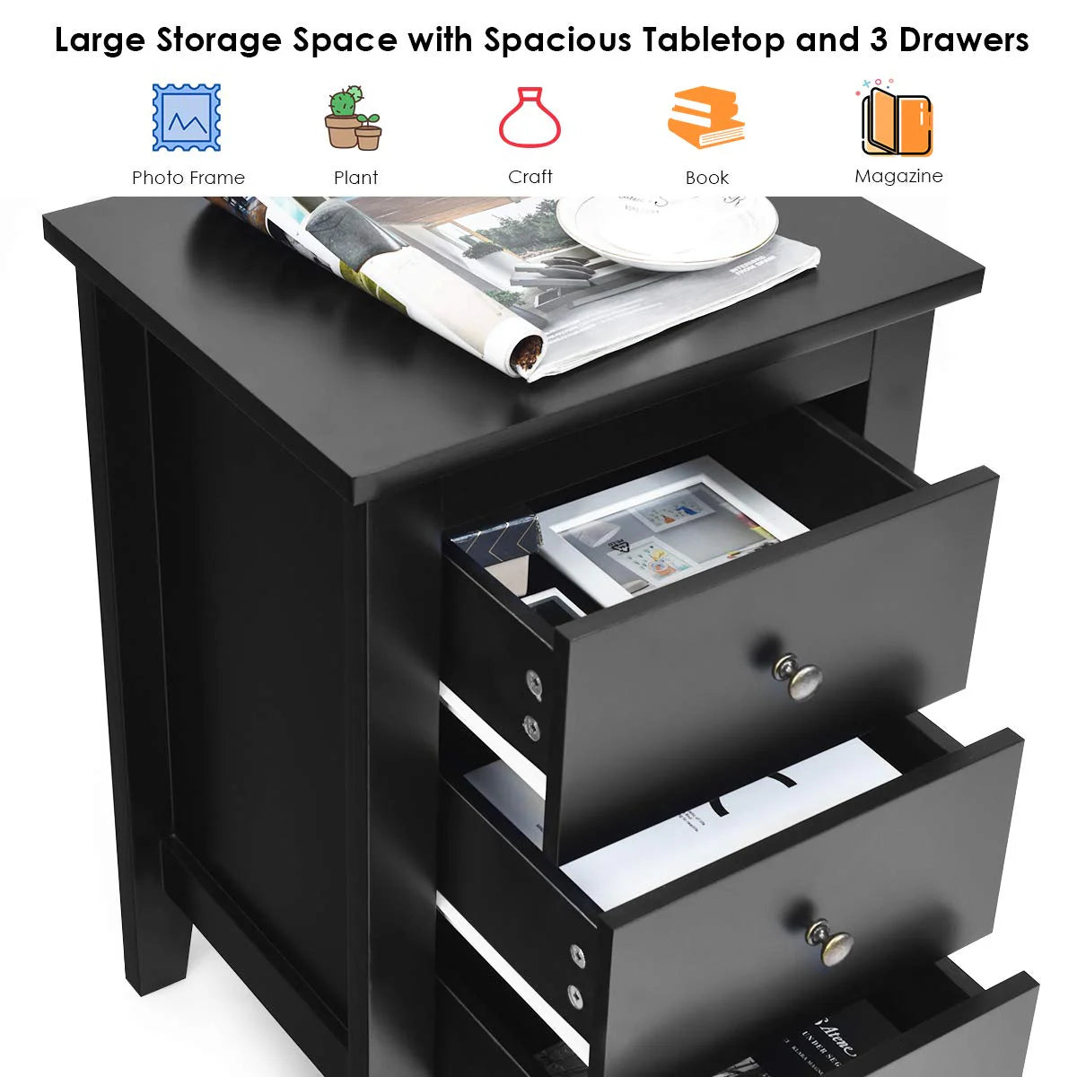 Giantex 2Pcs Bedside Table, Nightstand w/ 3 Drawers & Solid Wood Legs