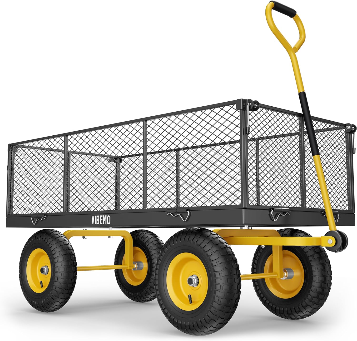Steel Garden Cart, 2-in-1 1400 lbs Heavy Duty Utility Wagon, with Removable Mesh Sides to Convert into Flatbed, 240?? U-Turn 13" Pneumatic Tires Garden Wagon for Farm Yard Lawn Garden Camping