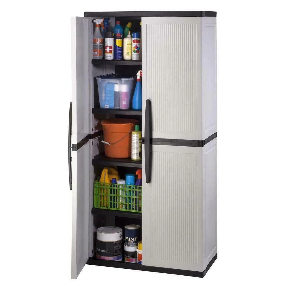 Freestanding garage cabinet made of grey plastic, model 2025, 89 cm W x 180 cm H x 46 cm D, with adjustable shelves and lockable doors.