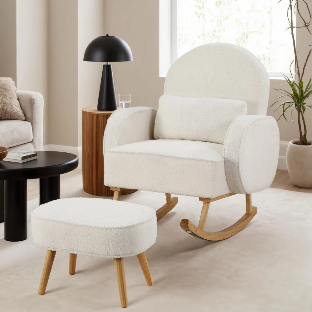 Artiss Armchair Rocking Chair Ottoman Lounge Footrest Round Nursing Boucle White