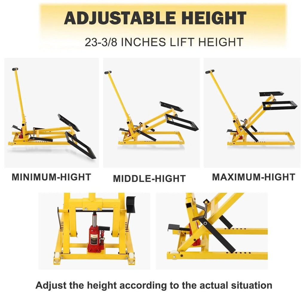 Lawn mower lift with hydraulic jack, 66 cm (26 inch) lifting height, welded steel construction, lifting capacity 227 kg (500 lbs), for ride-on lawn mowers, tractors and ATVs