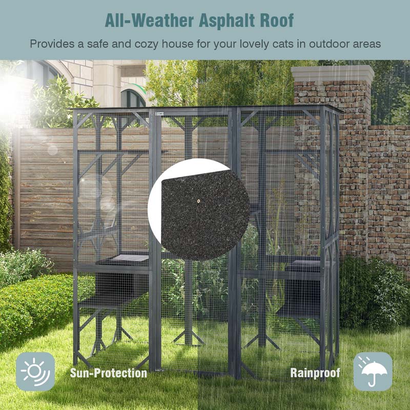 71" Tall Large Cat House Outdoor Catio Kitty Enclosure, Walk-in Cat Kennel Condo, Wooden Cat Cage Playpen with 7 Platforms
