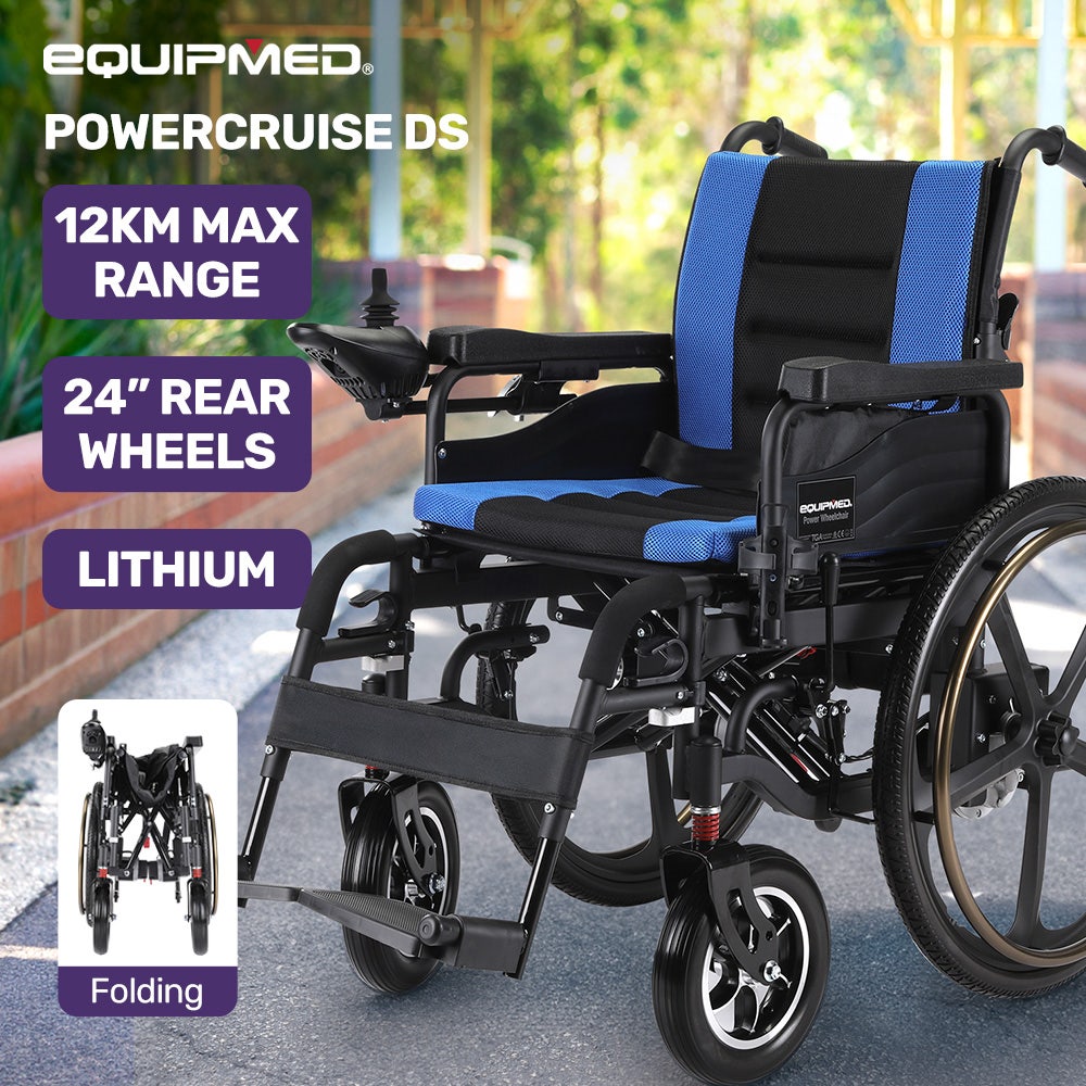 EQUIPMED Electric Wheelchair Folding, Long Range, Airline Approved, Lithium Battery, 24" Light Rear Wheels, Matte Black/Blue