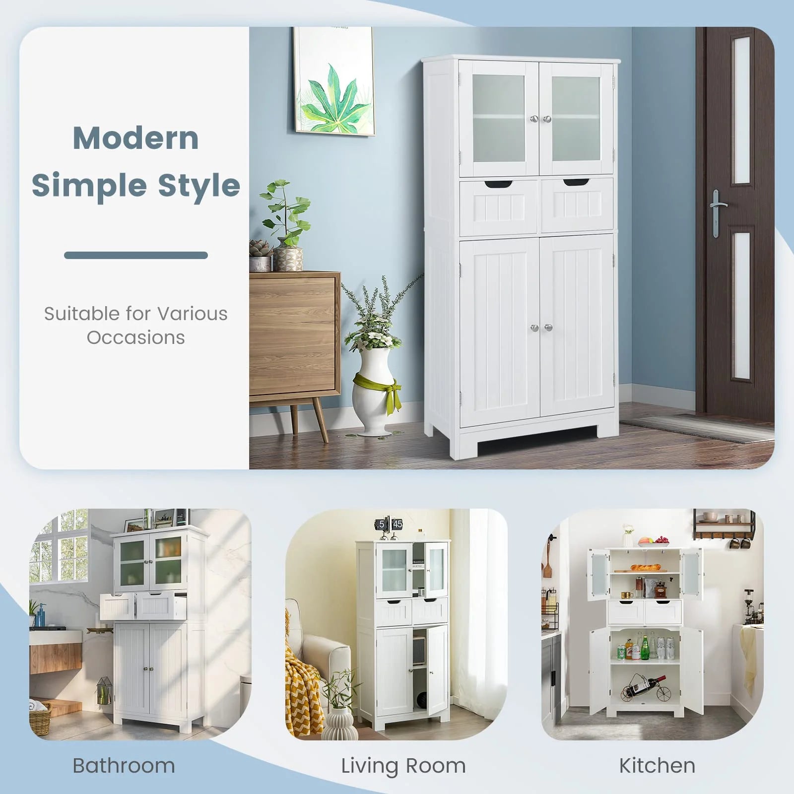 Giantex Floor Storage Cabinet with 4 Doors, Freestanding Bathroom Cabinet with 2 Glass Doors, White