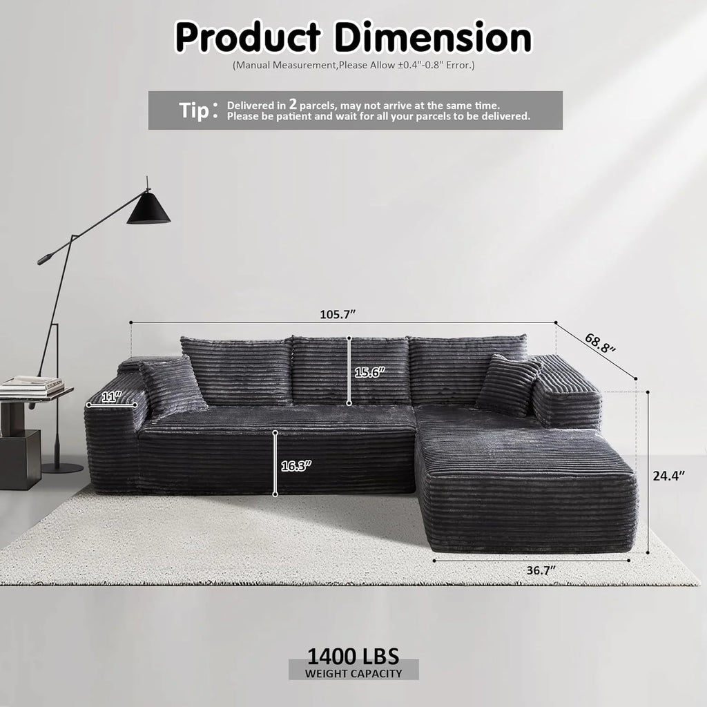 ovios 104" Cloud Sectional Couch with L-Shape Chaise,Modern Modular Sofa with Deep Seat, Upholstered Couches for Living Room Bedroom,No Assembly Required, Black (Corduroy Fabric)