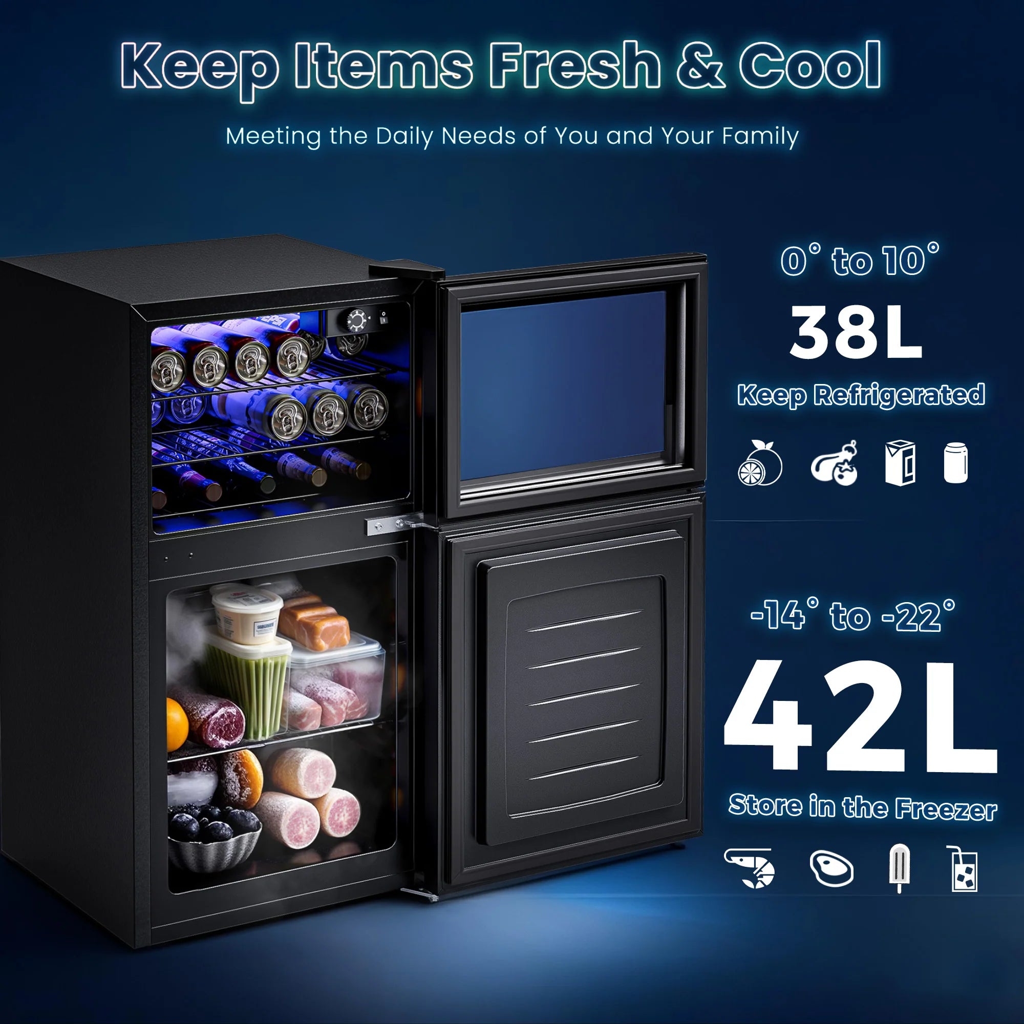 80L 2-Door Mini Fridge with Freezer