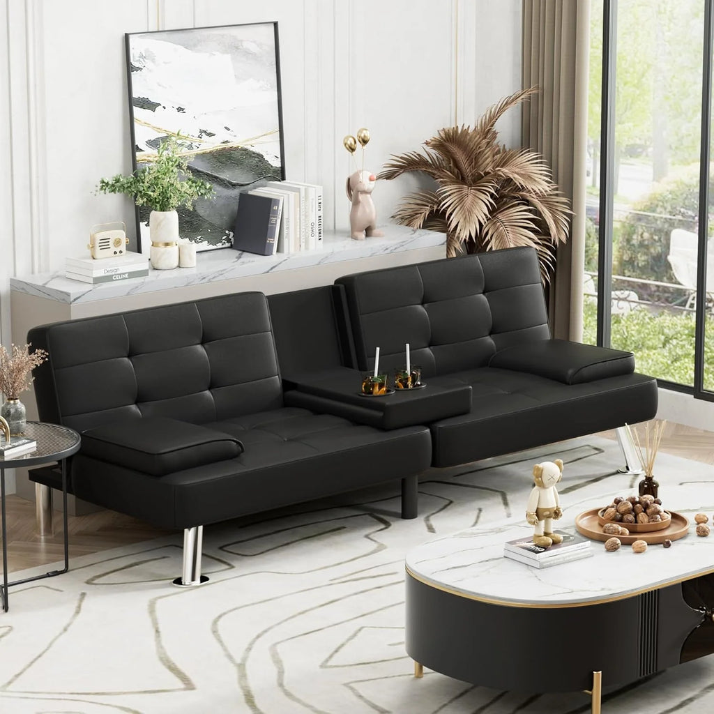 Futon Sofa Bed, Leather Futon Couch with Removable Armrests, Adjustable Recliner Sleeper Sofa Bed with Dual Cup Holders for Living Room, Apartment, Office (Black)