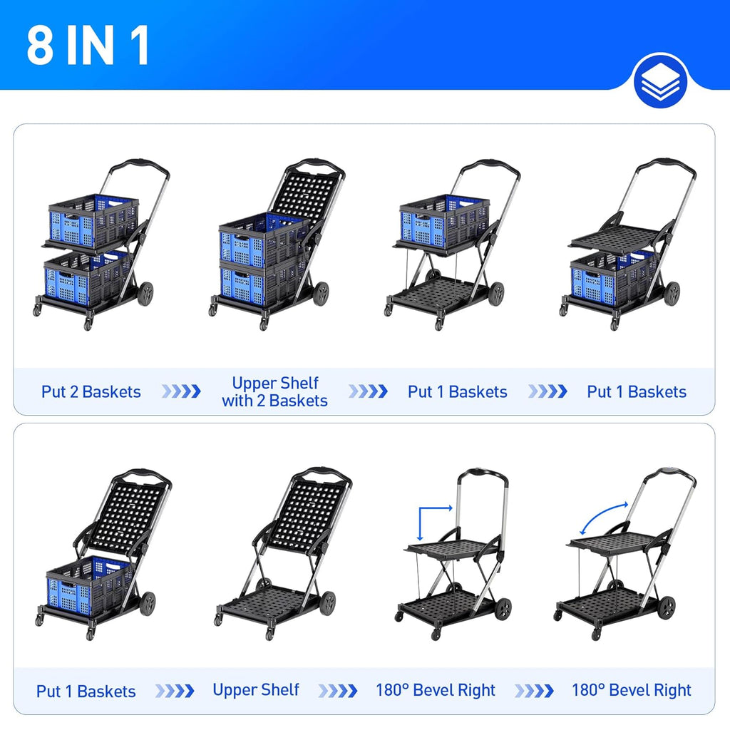 Rengue Grocery Shopping Cart with 2 Removable Baskets for Shopping, Picnic (Blue)