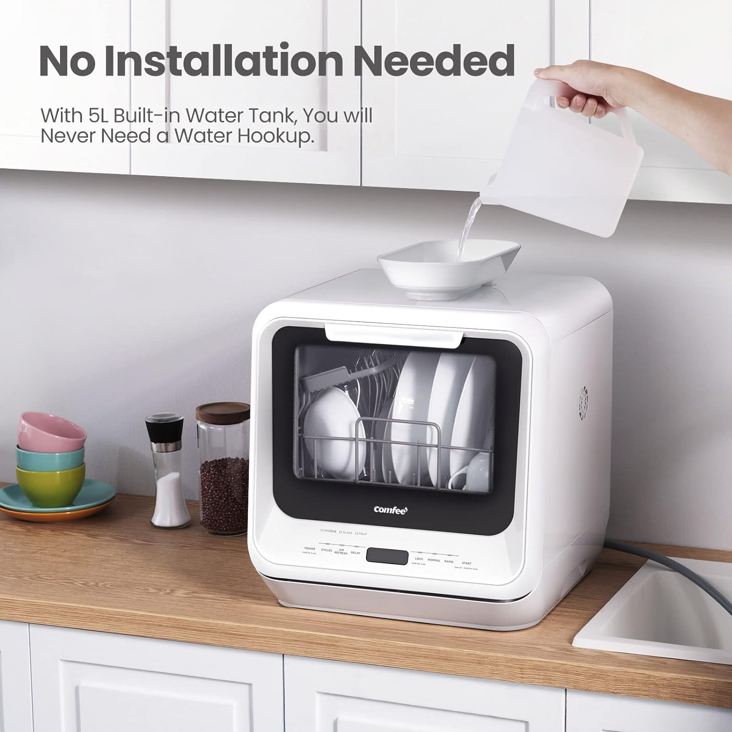 COMFEE' Portable Dishwasher Countertop with 5L Built-in Water Tank, No Hookup Needed, 6 Programs, 360?? Dual Spray, 192?H High-Temp& Air-Dry Function, Mini Dishwasher for RVs, White