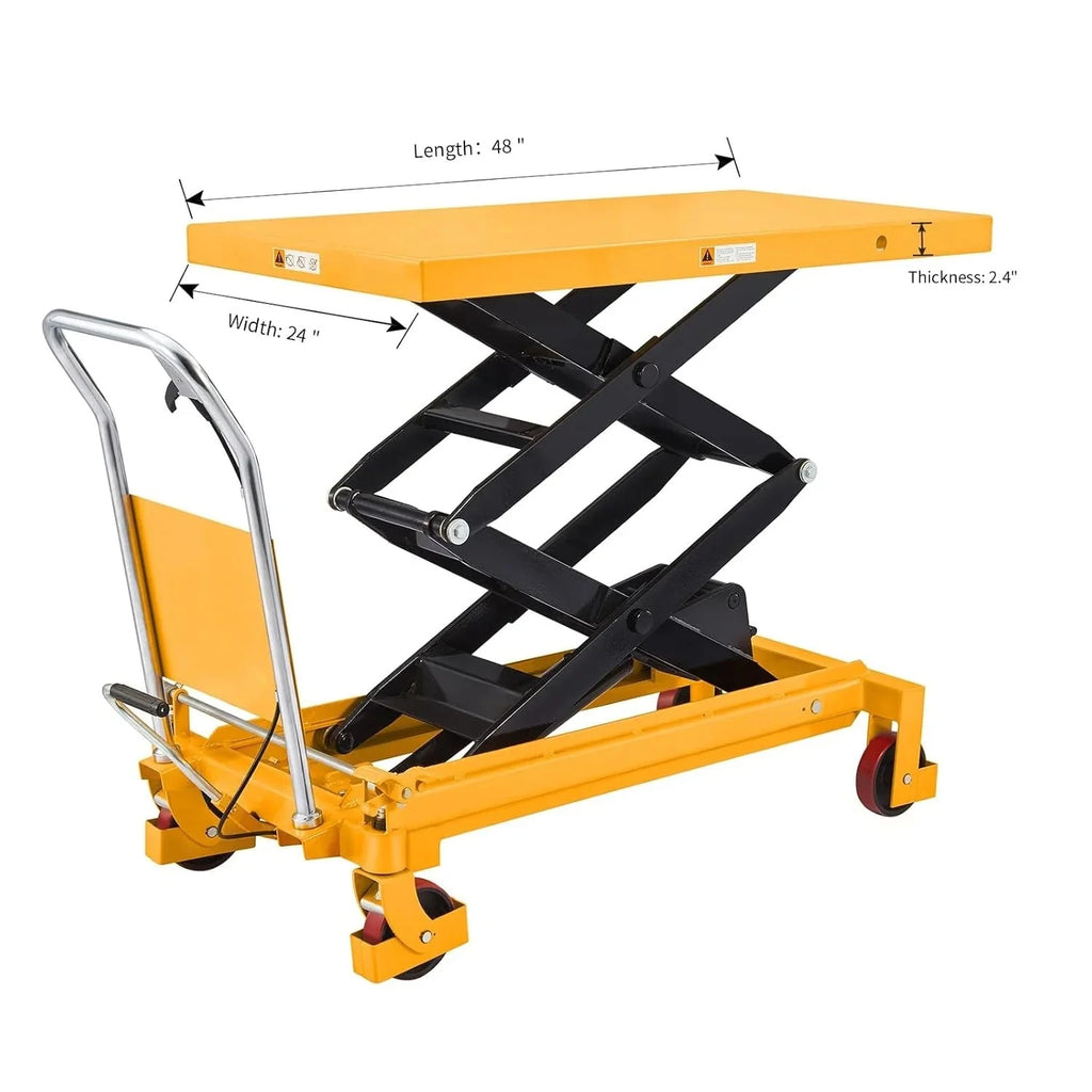 Hydraulic lifting table trolley – load capacity 350 kg, maximum height 130 cm, double scissor lift table with safety device and 4 wheels