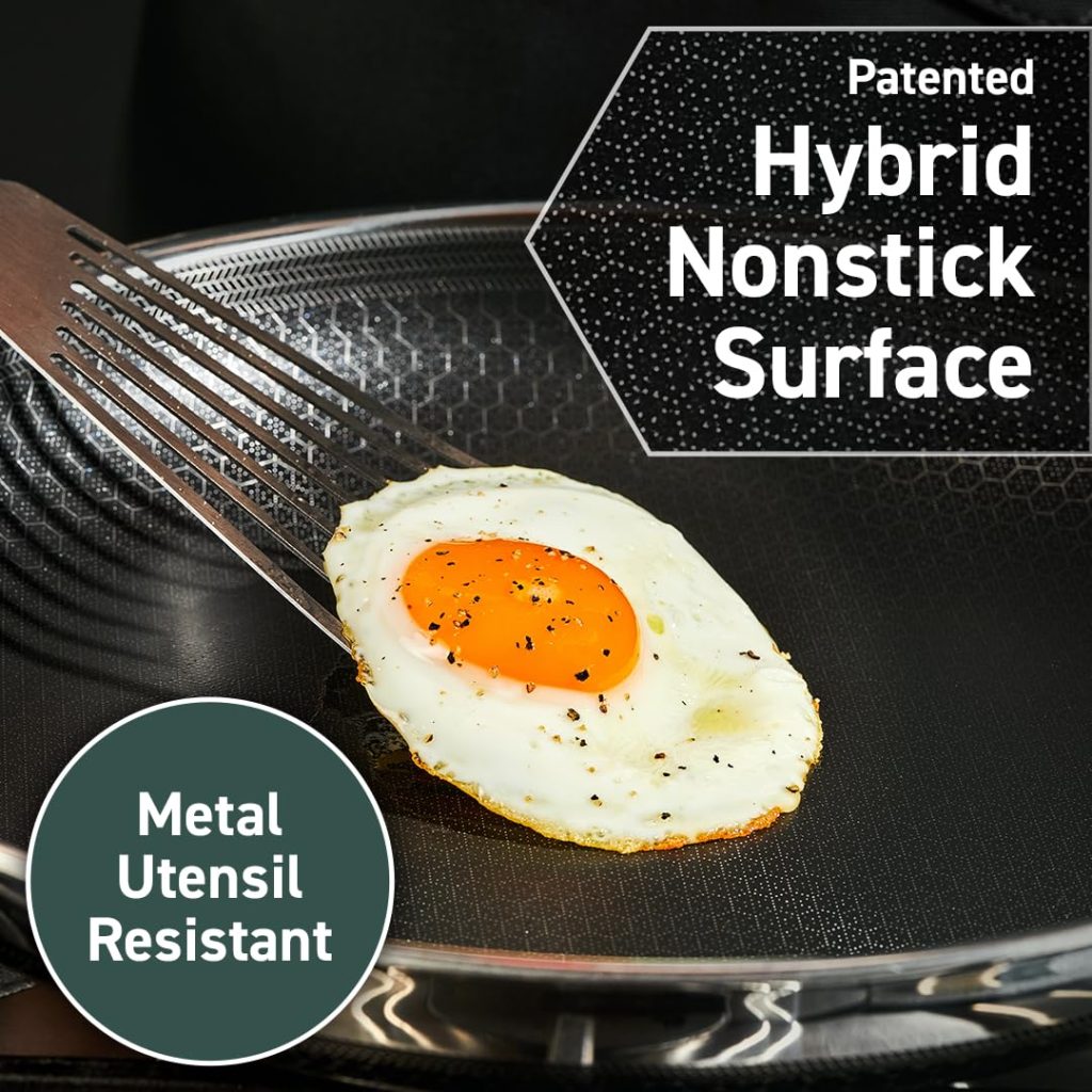 HexClad 12-Inch Hybrid Nonstick Fry Pan with Glass Lid, Oven & Dishwasher Safe, Silver