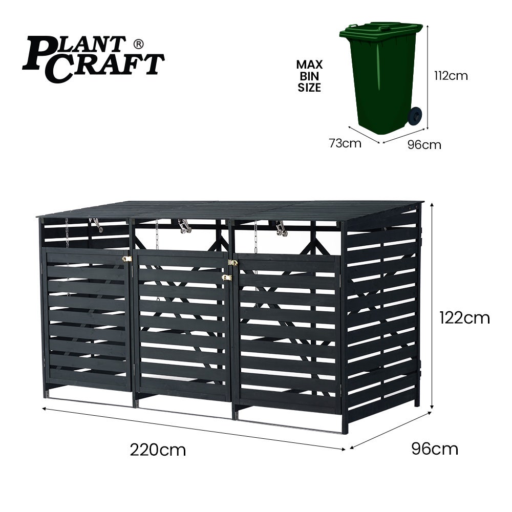 PLANTCRAFT Triple Wood Wheelie Bins Storage Shed, 3 Door Garbage Rubbish Bin Enclosure