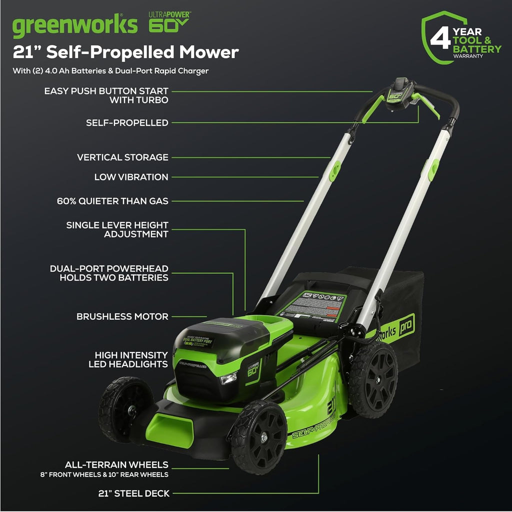 Greenworks 60V 21?? Cordless (Self-Propelled) Lawn Mower , 2 x 4.0Ah Batteries and Dual Port Rapid Charger