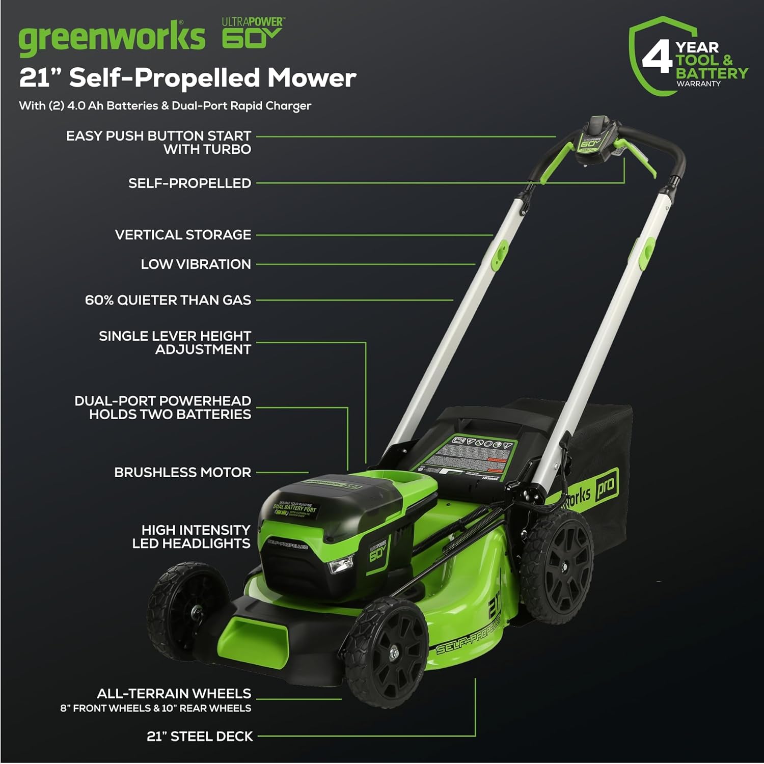Greenworks 60V 21?? Cordless (Self-Propelled) Lawn Mower , 2 x 4.0Ah Batteries and Dual Port Rapid Charger