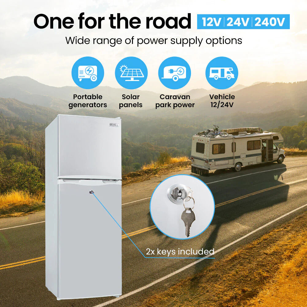 GECKO 142L Upright Portable Fridge / Freezer, 12V/24V/240V for Motorhome and Caravan, Silver