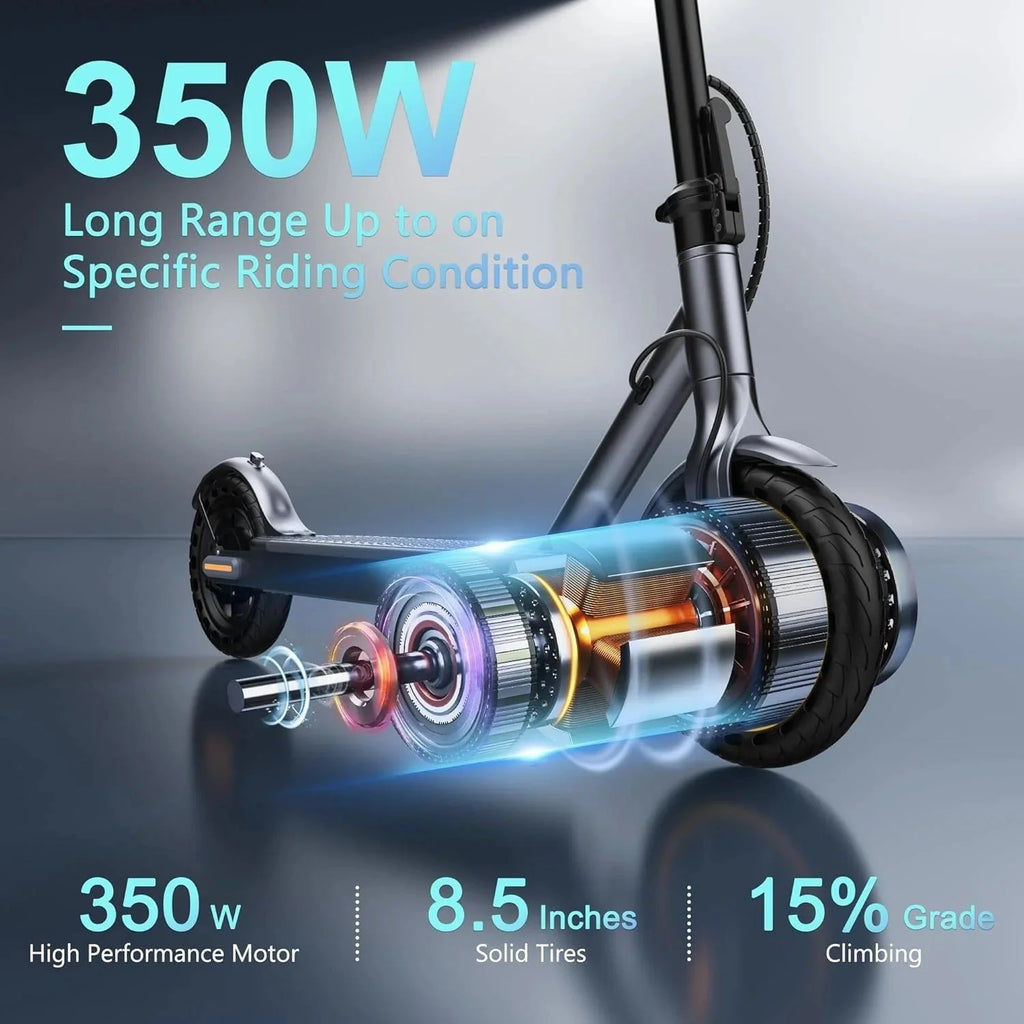 Electric scooter, 350W/500W powerful motor, 8.5"/10" solid rubber tires, 19/22 mph, 28/21/12 mile range, dual brakes