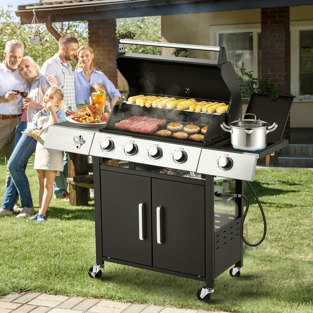Upgraded 4 Burner BBQ Propane Gas Grill with Cast Iron Grates & Side Stove, 44,000 BTU Stainless Steel Burner Barbecue Grill for Patio, Camping, Outdoor Cooking MELLCOM
