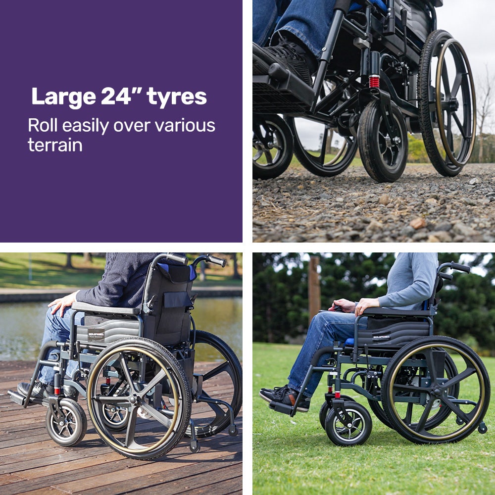 EQUIPMED Electric Wheelchair Folding, Long Range, Airline Approved, Lithium Battery, 24" Light Rear Wheels, Matte Black/Blue
