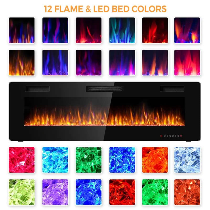 60" Ultra-Thin Electric Fireplace Insert, 1500W Recessed & Wall-mounted Fireplace Heater with 12 Flame Colors