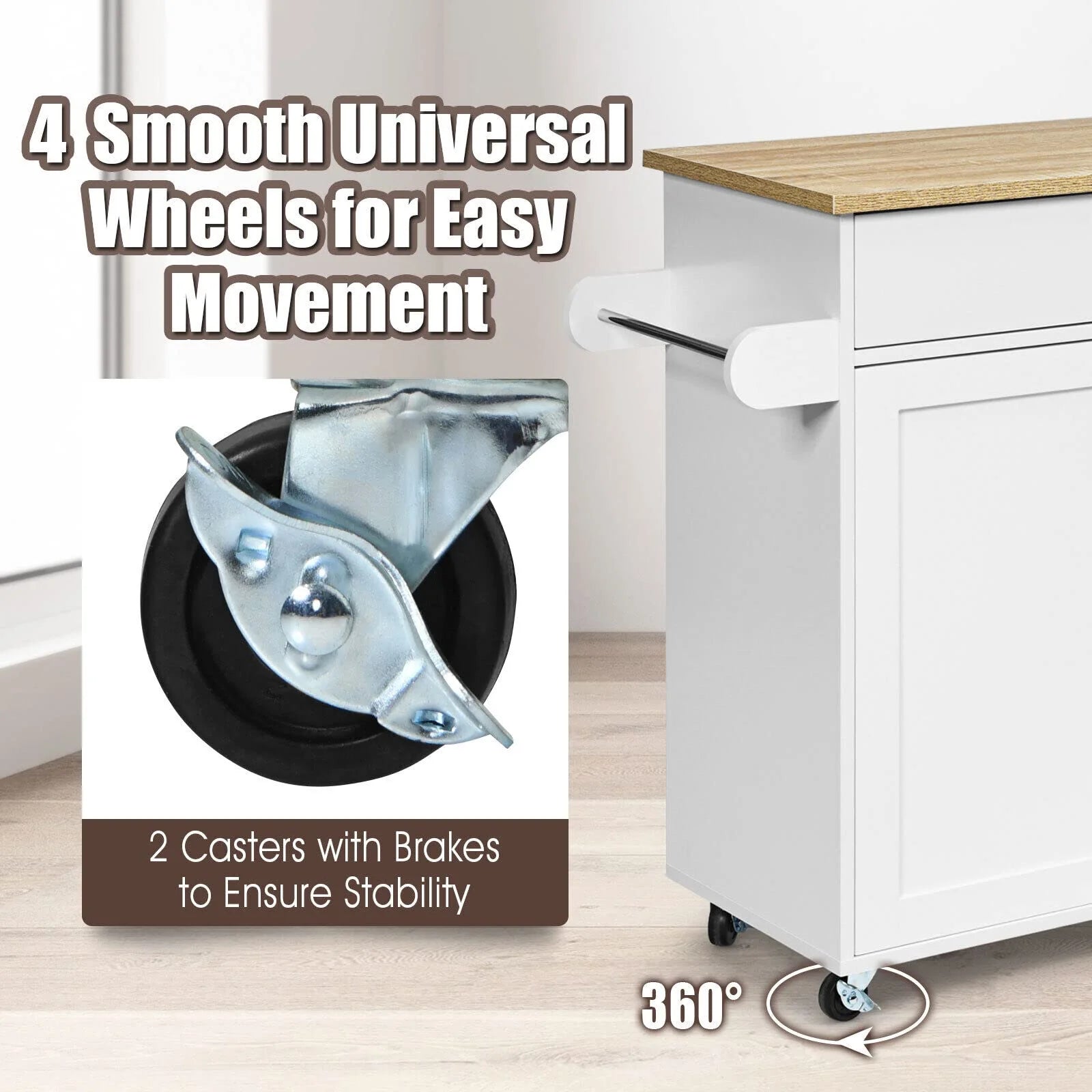 Giantex Wooden Rolling Kitchen Island, Storage Cart Trolley w/ Adjustable Shelf, Spice Storage Sgelf, Towel Rack & Drawer