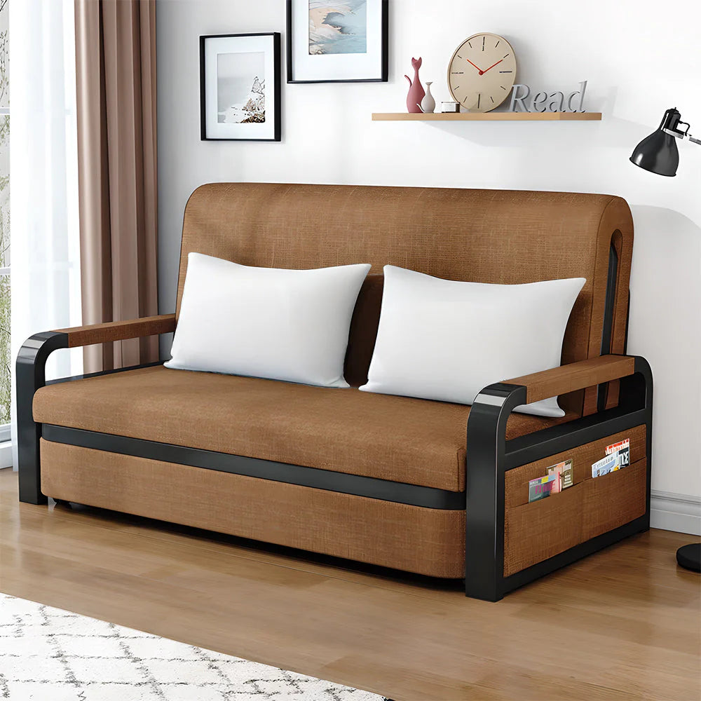 Convertible Sofa Bed with Pillows, Side Pockects and Storage Compartment, Carbon Steel and Linen Cotton