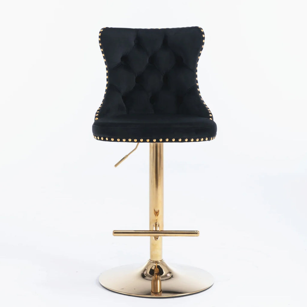 4x Height Adjustable Swivel Bar Stool Velvet Studs Barstool with Footrest and Golden Base- Black