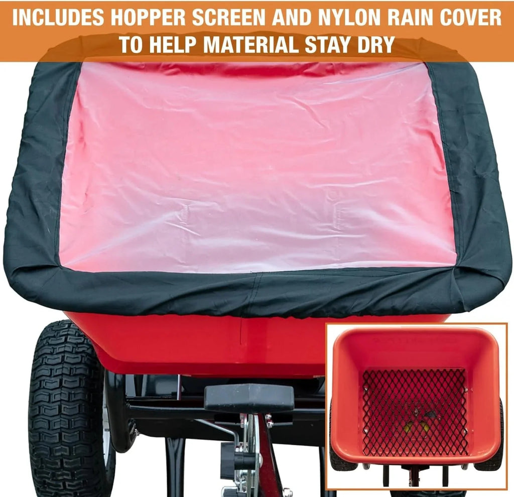 Multi-purpose push-along spreader, 100 lb capacity, versatile tool for lawn seed, salt, de-icer, fertilizer and seeds