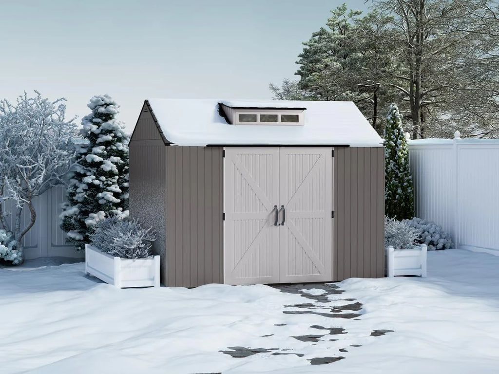 Rubbermaid resin garden shed with floor (2.13 x 2.13 m), weatherproof, grey, for storing garden tools, lawnmowers, bicycles and pool accessories