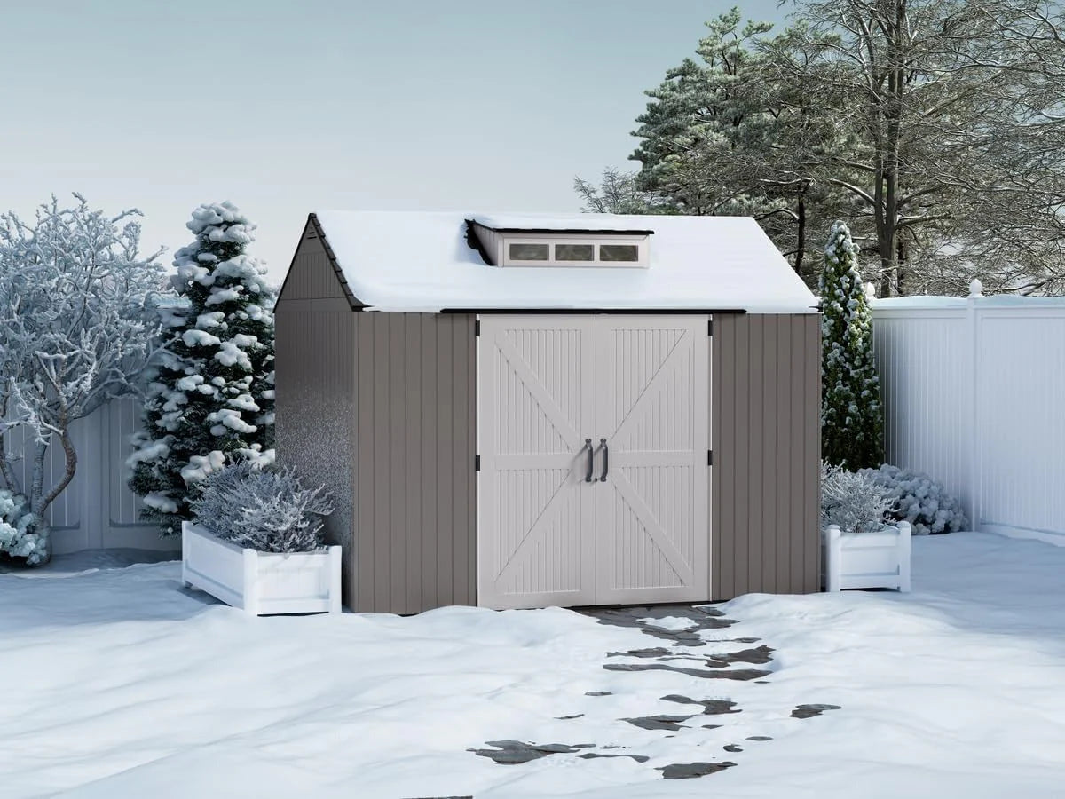 Rubbermaid resin garden shed with floor (2.13 x 2.13 m), weatherproof, grey, for storing garden tools, lawnmowers, bicycles and pool accessories
