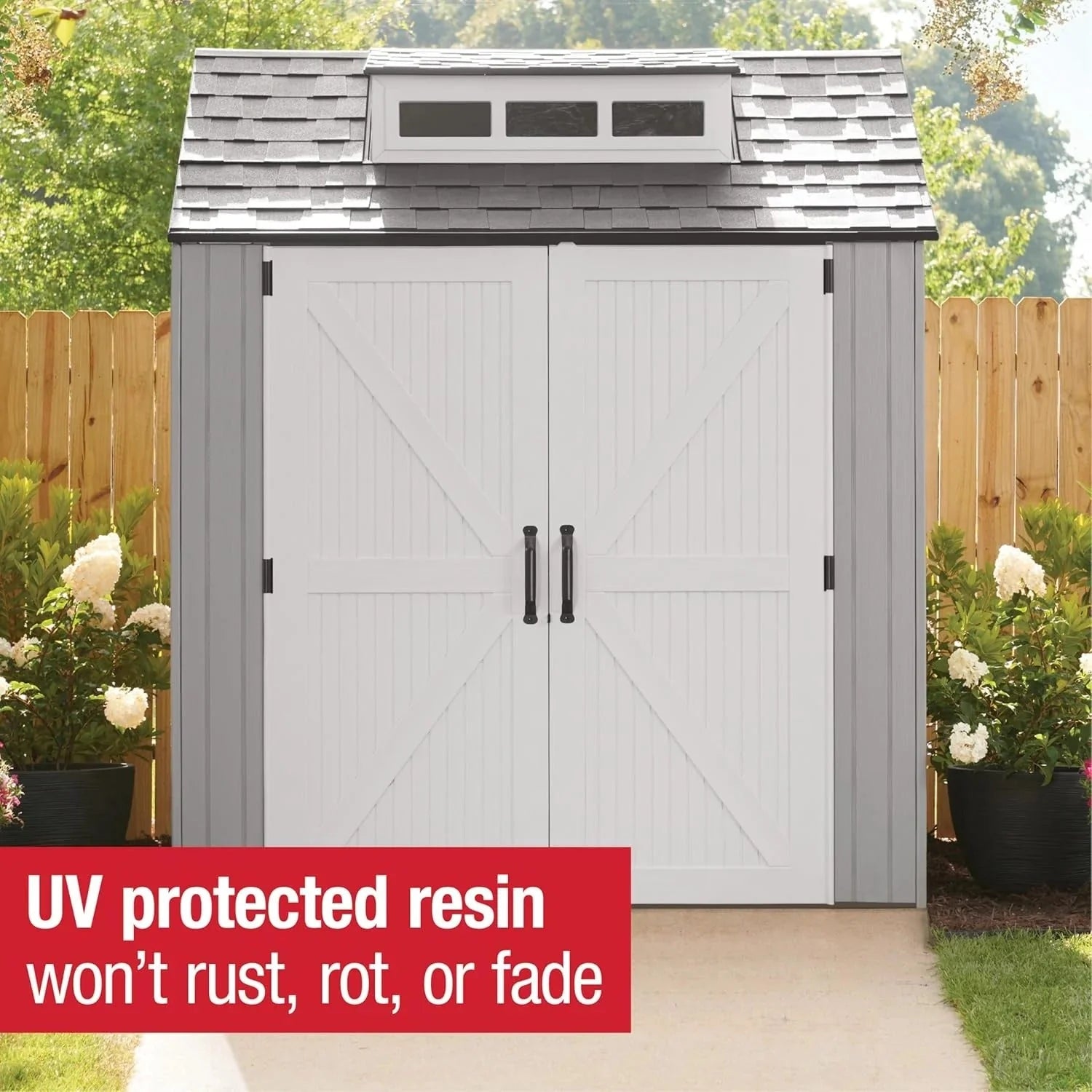 Rubbermaid resin garden shed with floor (2.13 x 2.13 m), weatherproof, grey, for storing garden tools, lawnmowers, bicycles and pool accessories