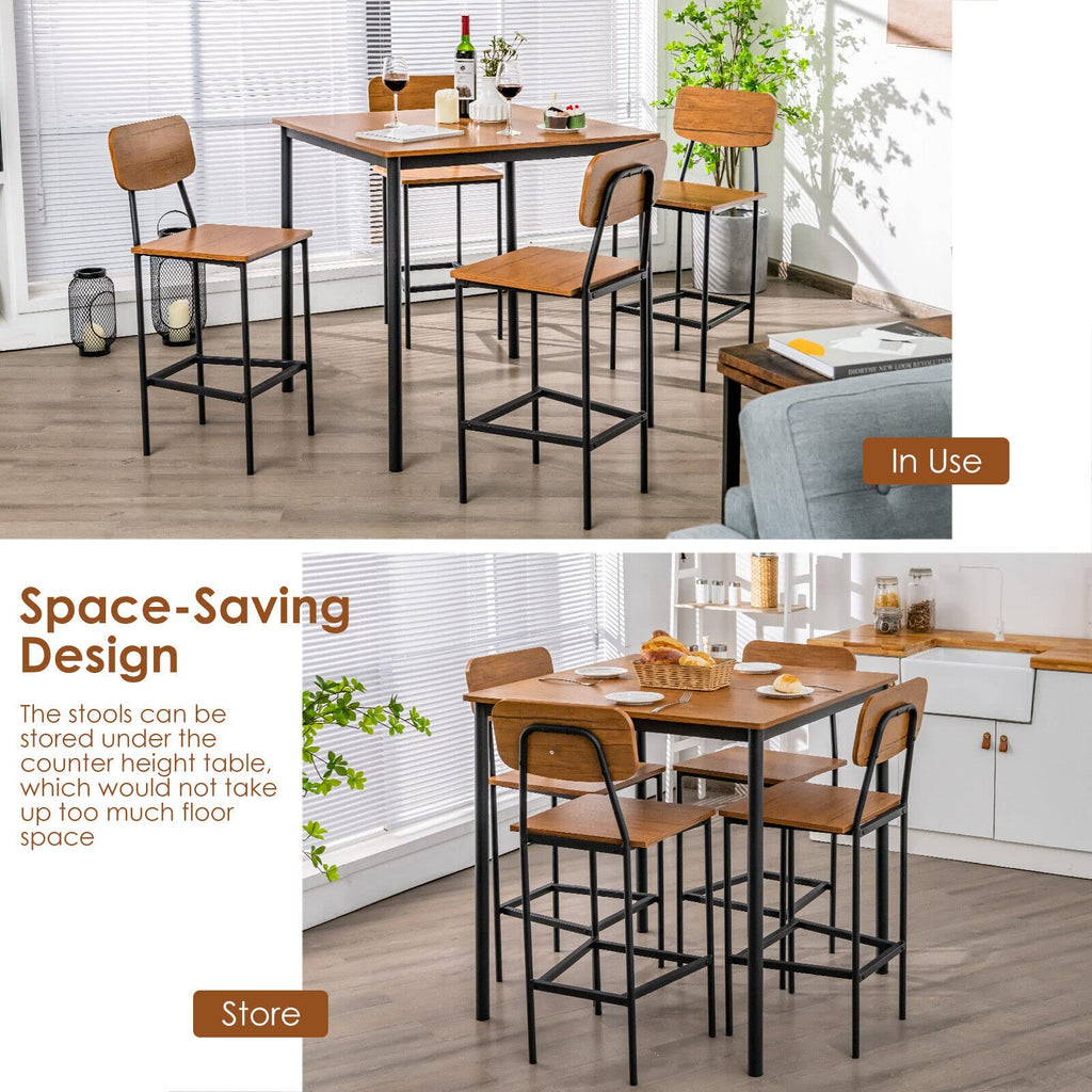 Giantex 5-Piece Dining Bar Table Set, 4 Person Kitchen Breakfast Table Set with Steel Frame , Walnut