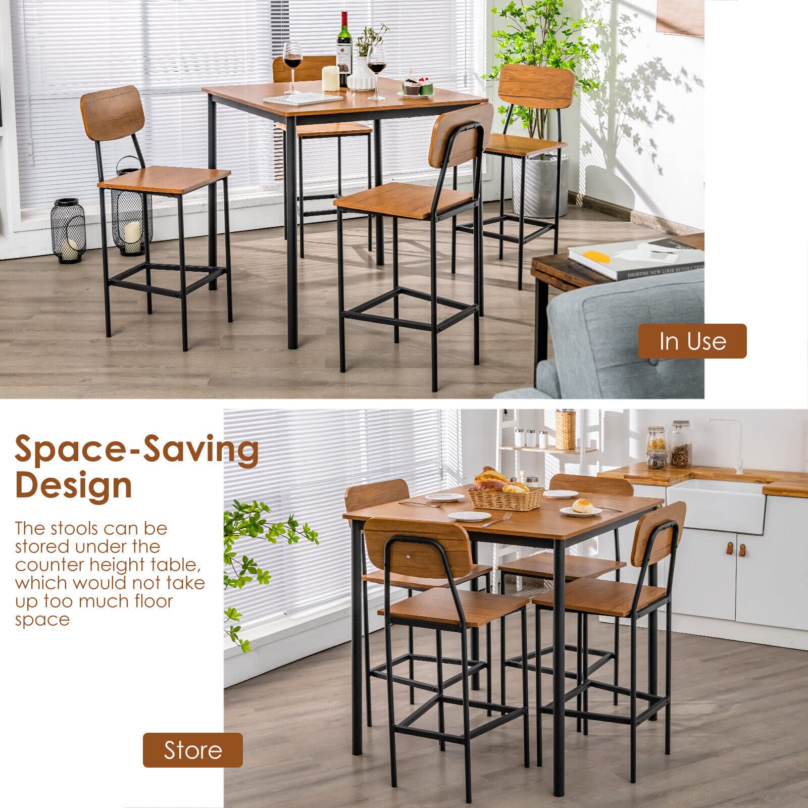 Giantex 5-Piece Dining Bar Table Set, 4 Person Kitchen Breakfast Table Set with Steel Frame , Walnut