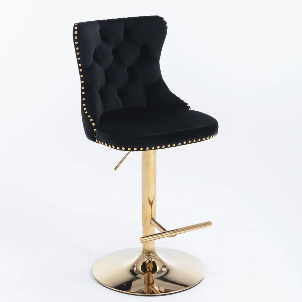 4x Height Adjustable Swivel Bar Stool Velvet Studs Barstool with Footrest and Golden Base- Black