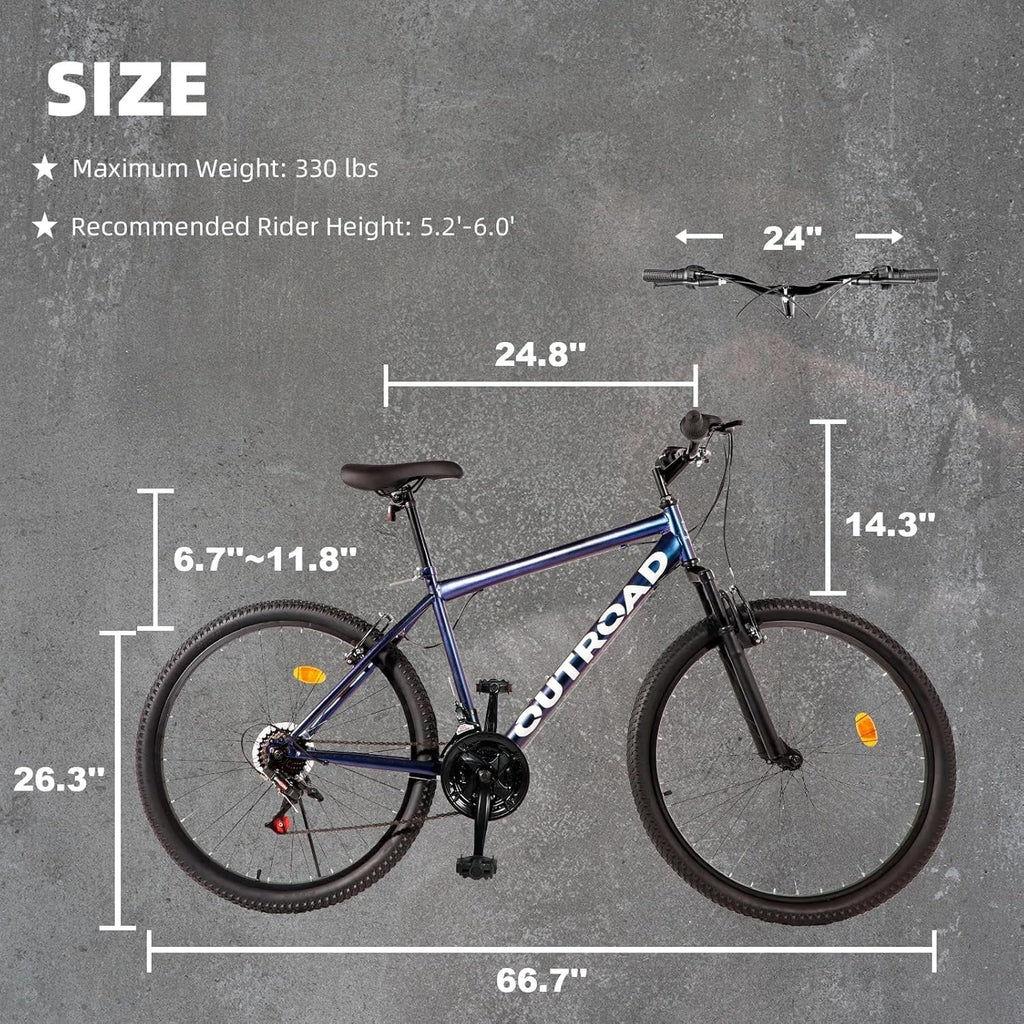 Outroad 26 Inch Mountain Bike, 21-Speed/High-Carbon Steel/Aviation Grade Frame, Dual Disc/V Brake, Adjustable Ergonomic Seat Bycycle for Men Women Adult, Quick Assembly in 20 Minutes