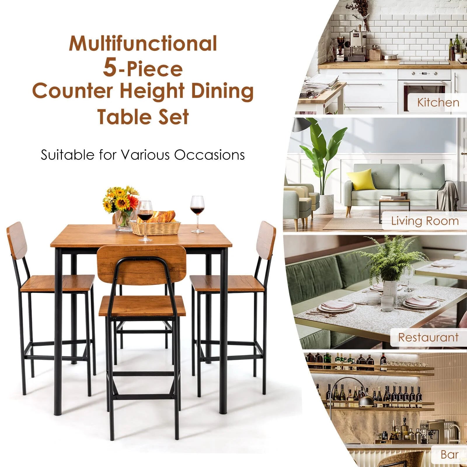 Giantex 5-Piece Dining Bar Table Set, 4 Person Kitchen Breakfast Table Set with Steel Frame , Walnut