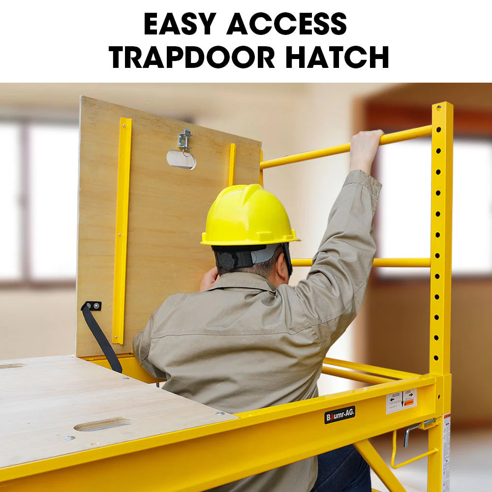 Baumr-AG 1.9 x 0.8 x 1.8m Adjustable Mobile Scaffold Platform, Guard Rail, Outrigger Wheel Set, Trapdoor Hatch