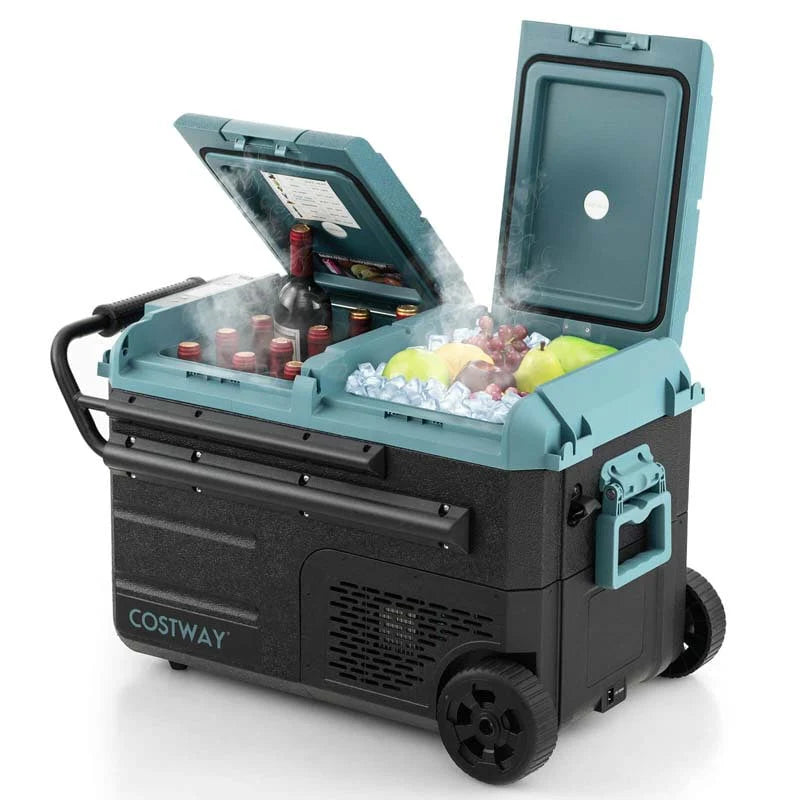 40-Quart Dual-zone Car Refrigerator with Wheels, 12V/24V DC & 100-240V AC Portable Car Fridge Cooler Freezer