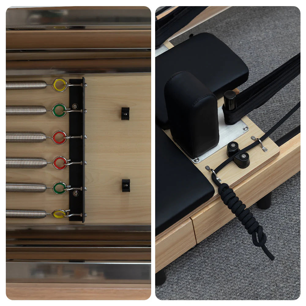 Foldable Pilates Reformer for Home Workouts, Oak Wood Frame, 6 Springs