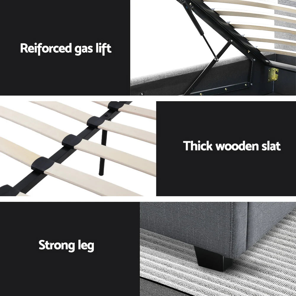 Artiss Vila Bed Frame Fabric Gas Lift Storage - Grey Double