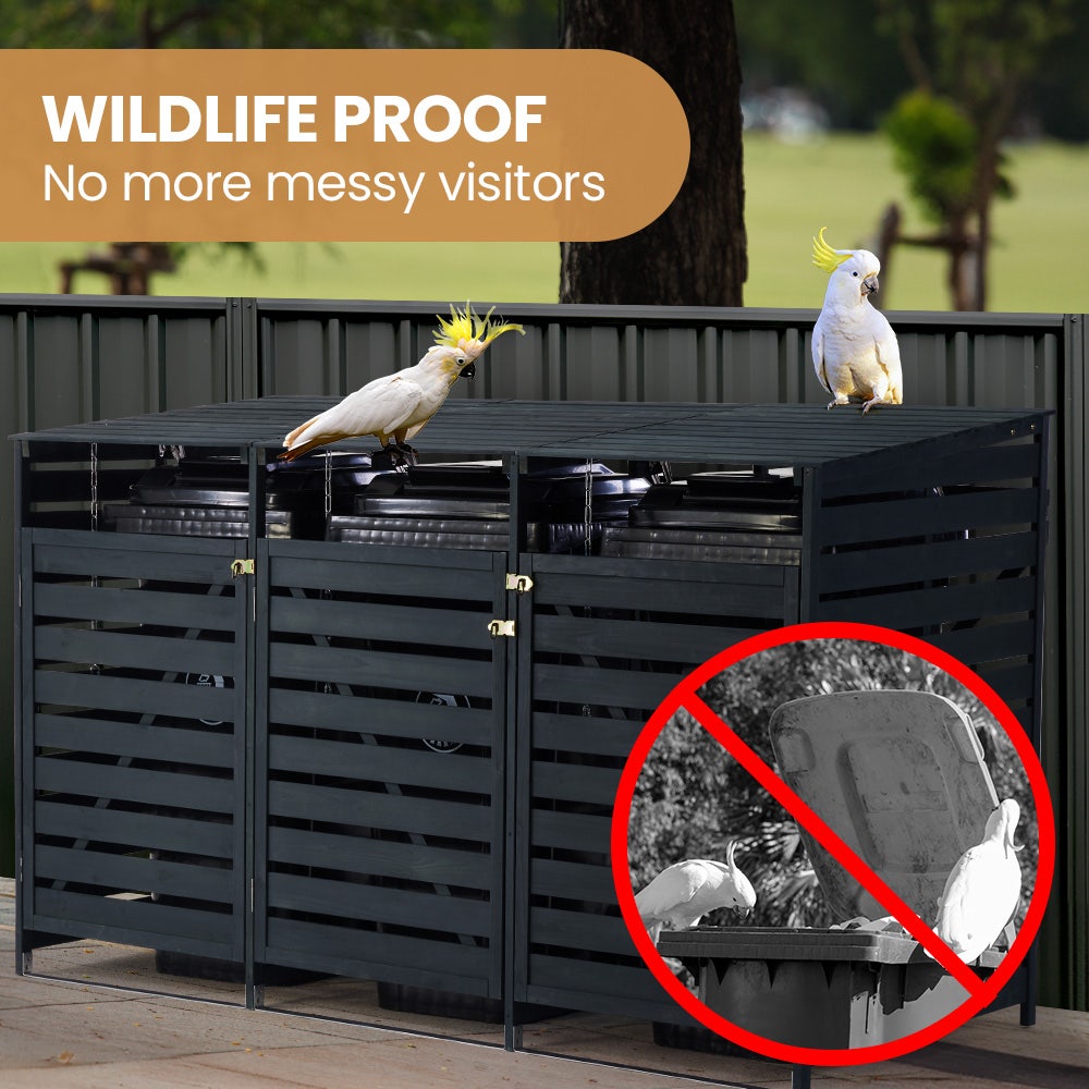 PLANTCRAFT Triple Wood Wheelie Bins Storage Shed, 3 Door Garbage Rubbish Bin Enclosure