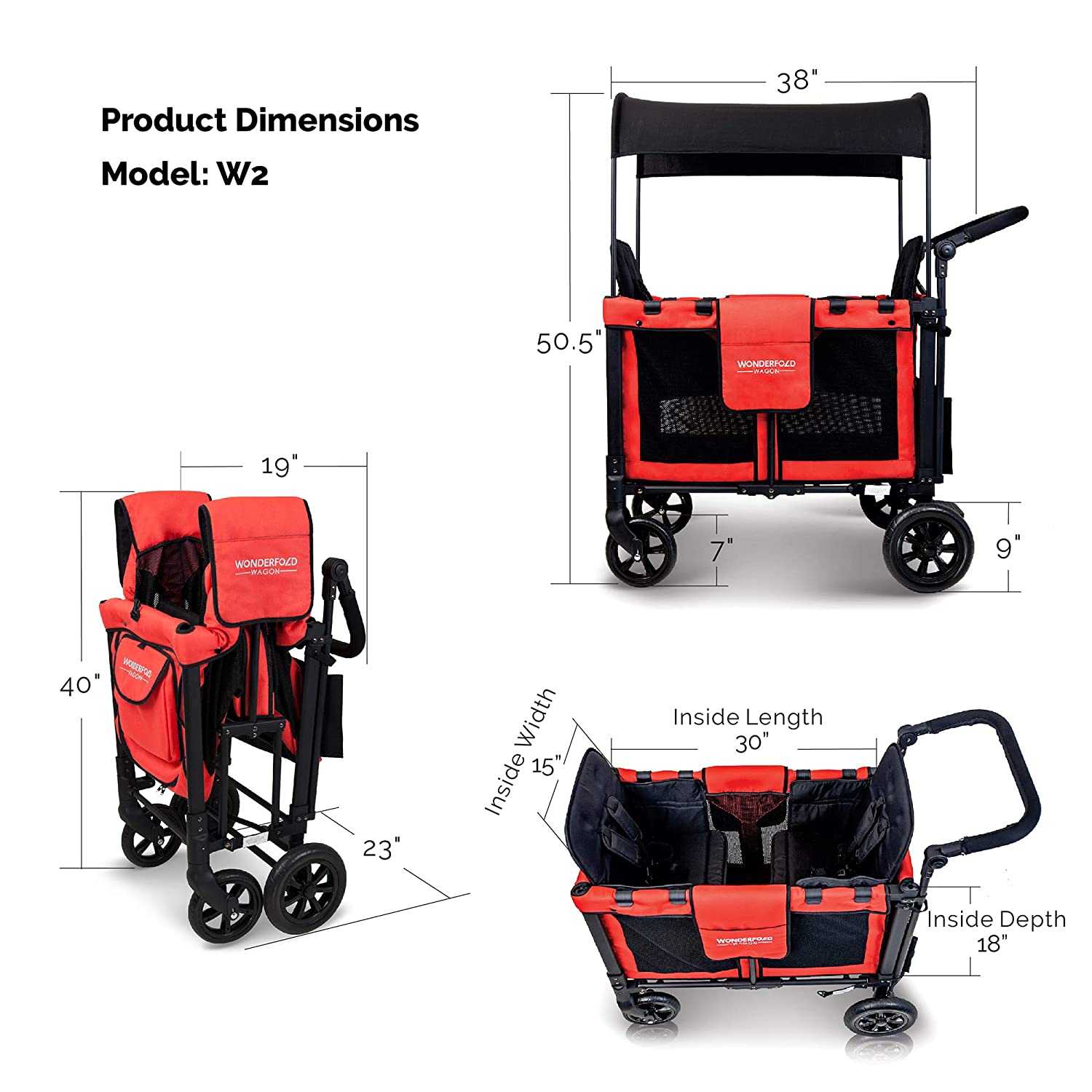 W2 MultiFunction Push 2 Passenger Double Folding Stroller, Adjustable Canopy  Removable Footrest Seats up to 2 Toddlers Poppy Red