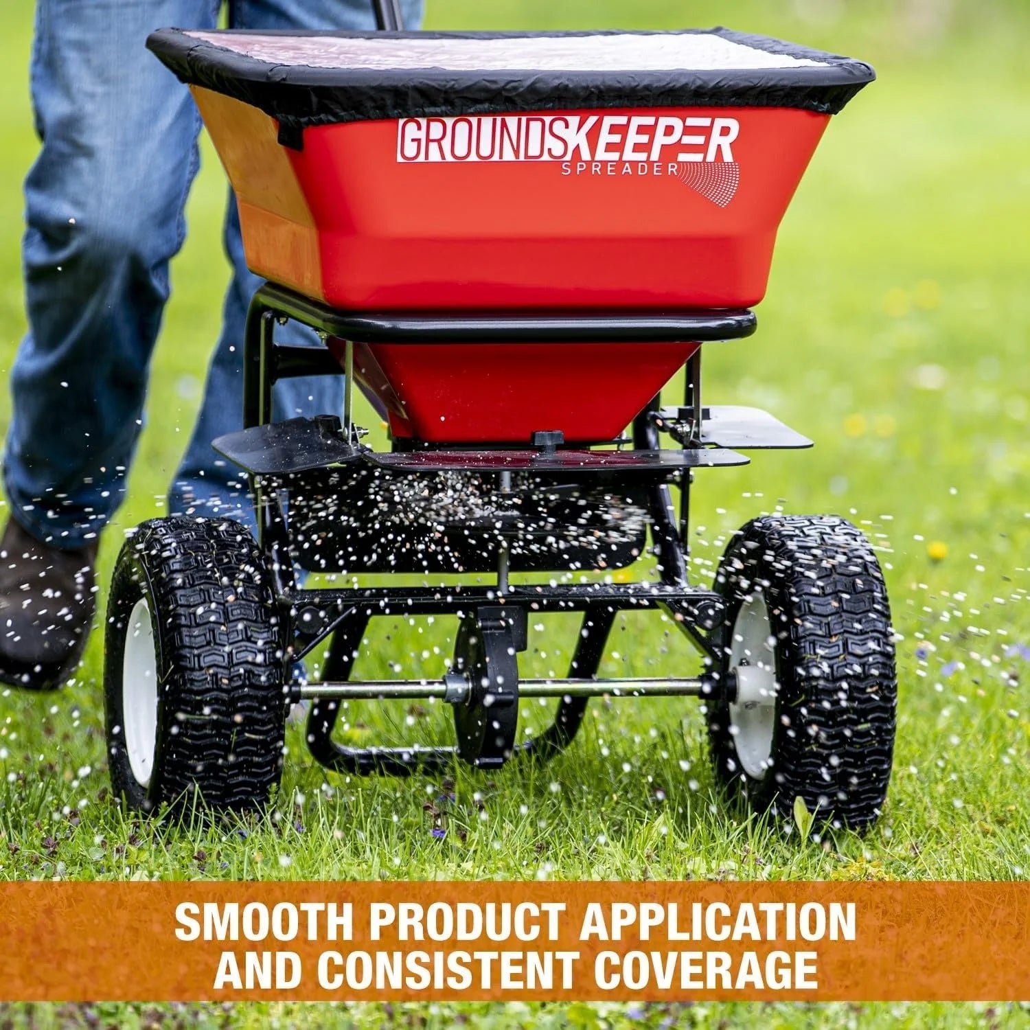 Multi-purpose push-along spreader, 100 lb capacity, versatile tool for lawn seed, salt, de-icer, fertilizer and seeds