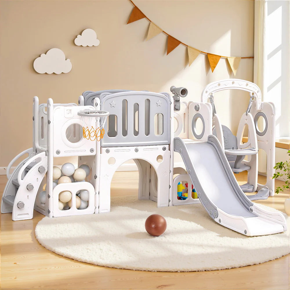 Keezi Kids Slide Swing Set Basketball Hoop Ring Football Outdoor Toys 132cm grey
