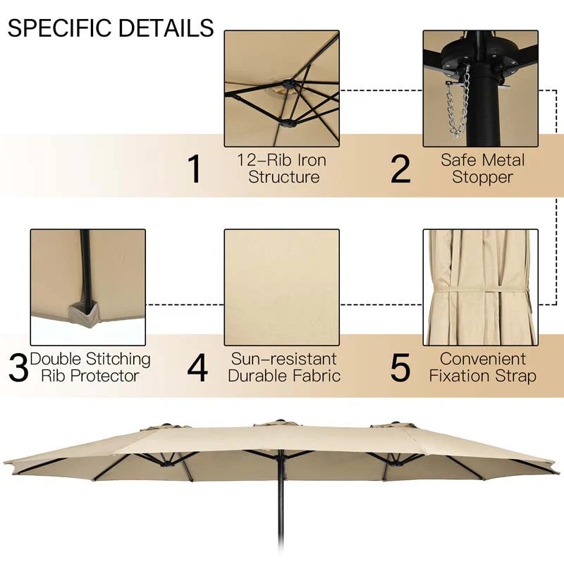 10Pcs Patio Rattan Dining Set with 15FT Double-Sided Umbrella, Heavy Duty Acacia Wood Table & Stackable Wicker Chairs