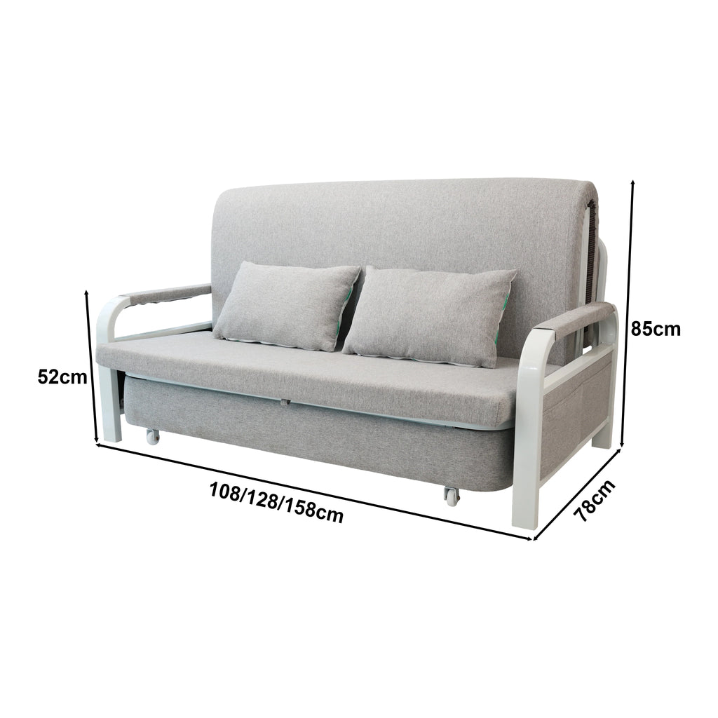 Convertible Sofa Bed with Pillows, Side Pockects and Storage Compartment, Carbon Steel and Linen Cotton