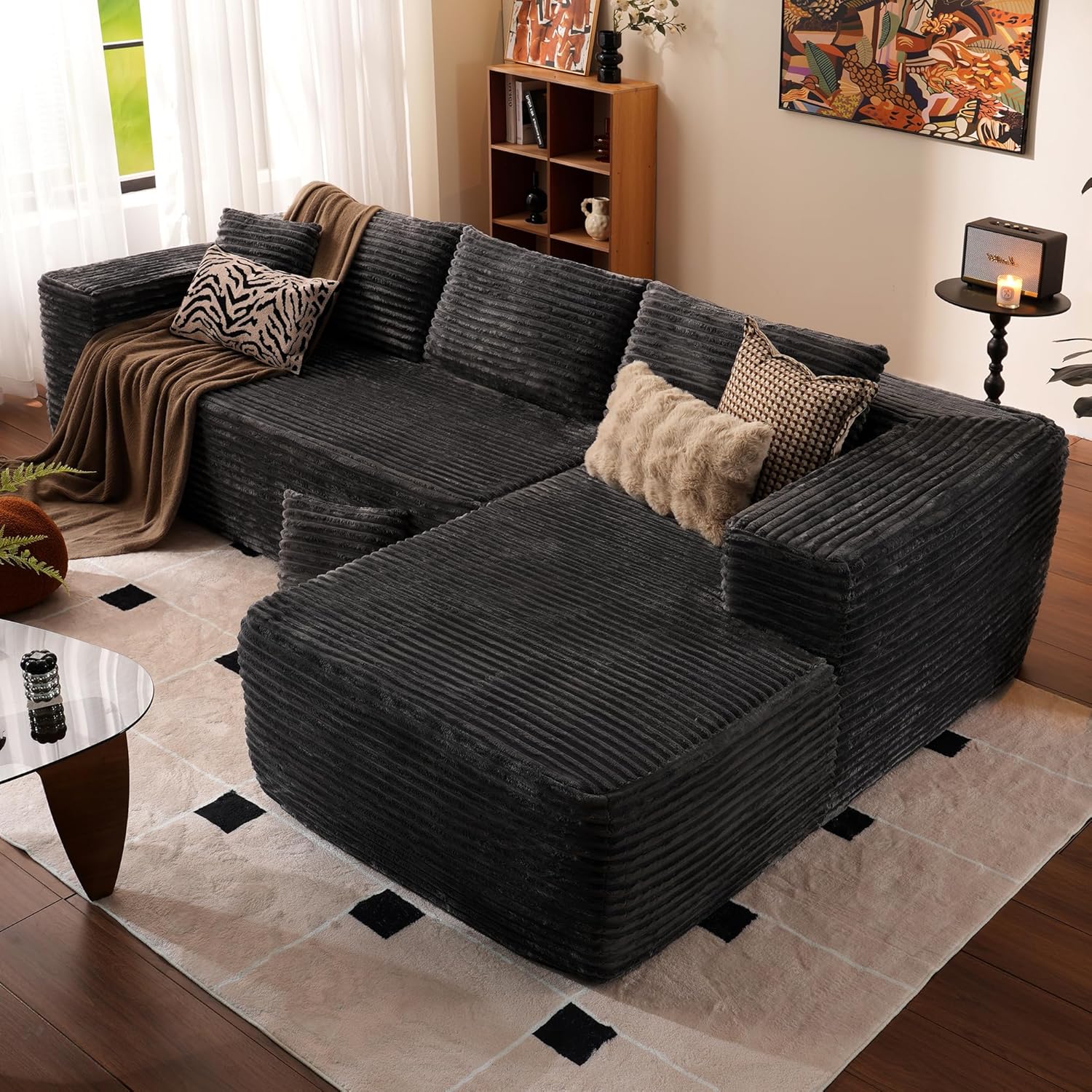 ovios 104" Cloud Sectional Couch with L-Shape Chaise,Modern Modular Sofa with Deep Seat, Upholstered Couches for Living Room Bedroom,No Assembly Required, Black (Corduroy Fabric)